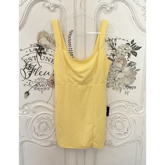 Lulus Social Sensation Dress Women's L Light Yellow Mini Square Bodycon NWT - Picture 4 of 11
